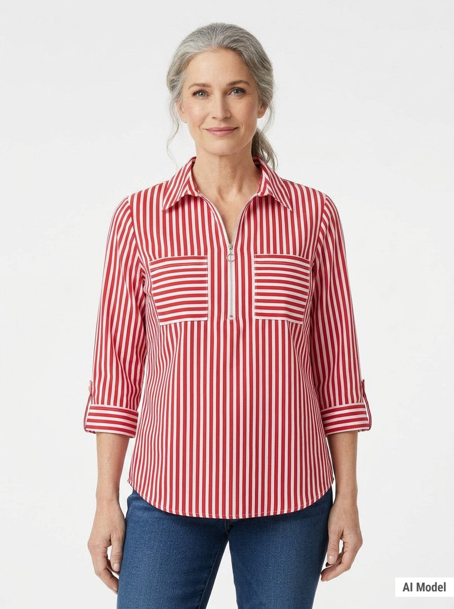 Half Zip Blouse With Pockets