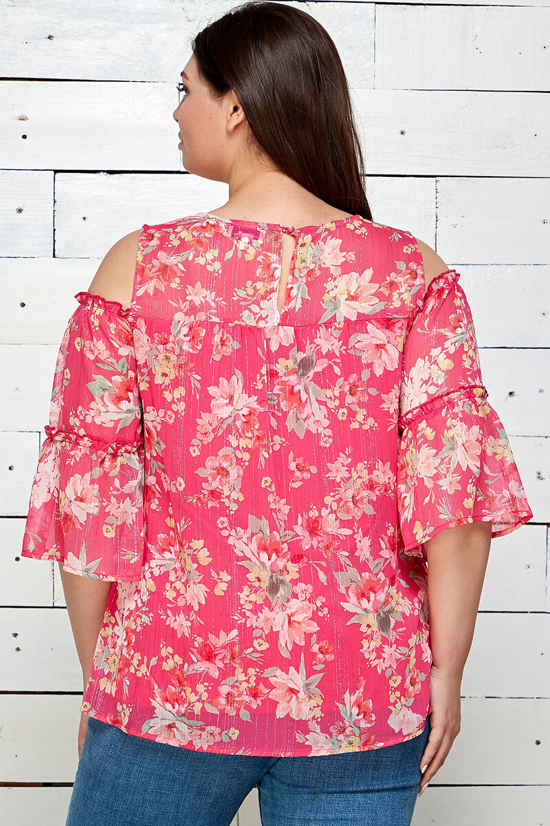 3/4 Double Ruffle Cold Shoulder Lace Inset Blouse in Pink - Plus