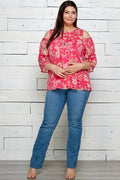 3/4 Double Ruffle Cold Shoulder Lace Inset Blouse in Pink - Plus