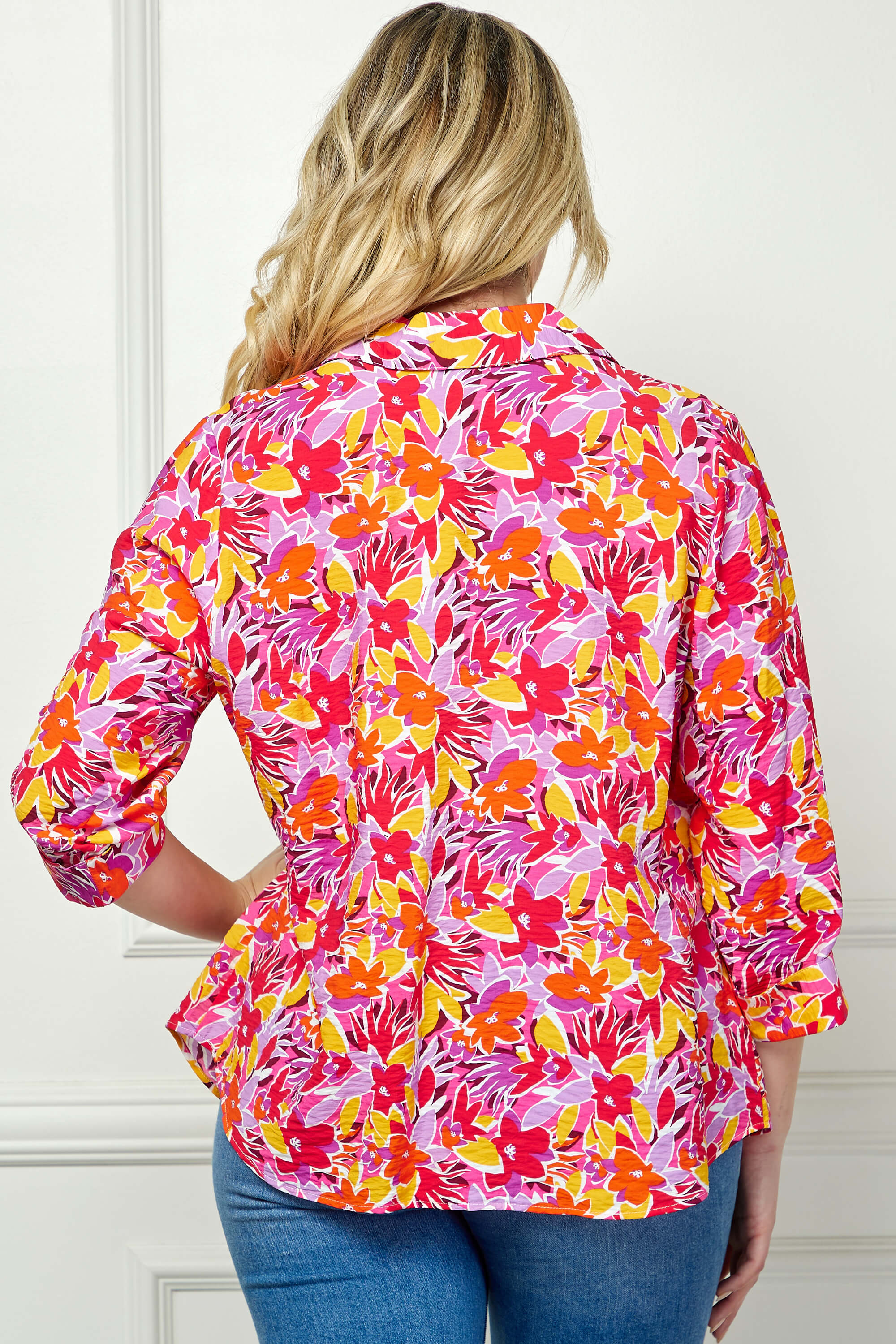 3/4 Sleeve Johnny Collar Button Front Top in Pink - Plus