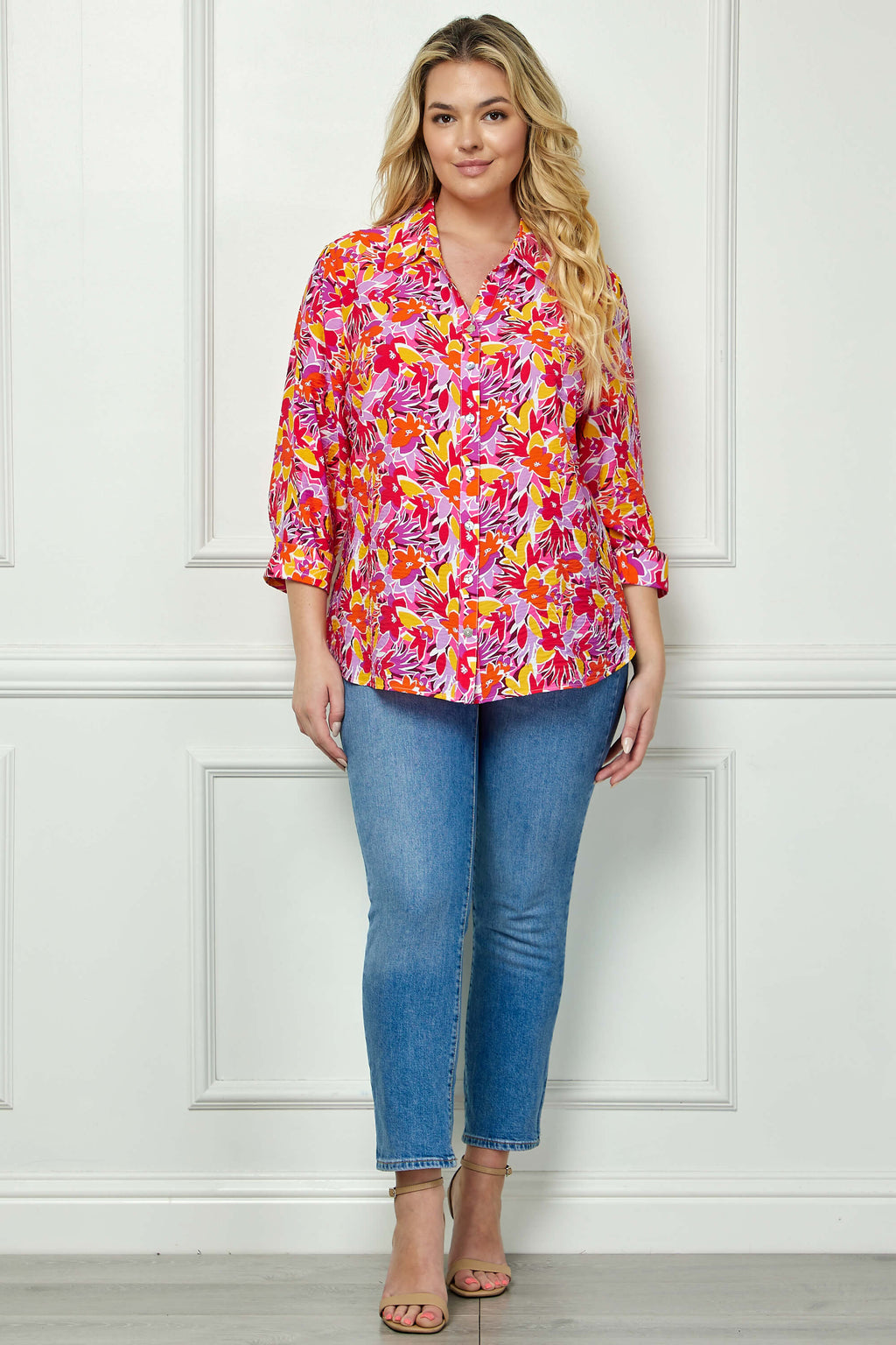 3/4 Sleeve Johnny Collar Button Front Top in Pink - Plus