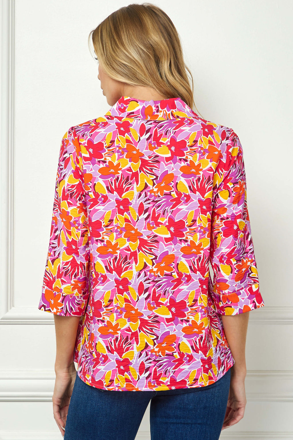 3/4 Sleeve Johnny Collar Button Front Top in Pink