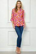 3/4 Sleeve Johnny Collar Button Front Top in Pink