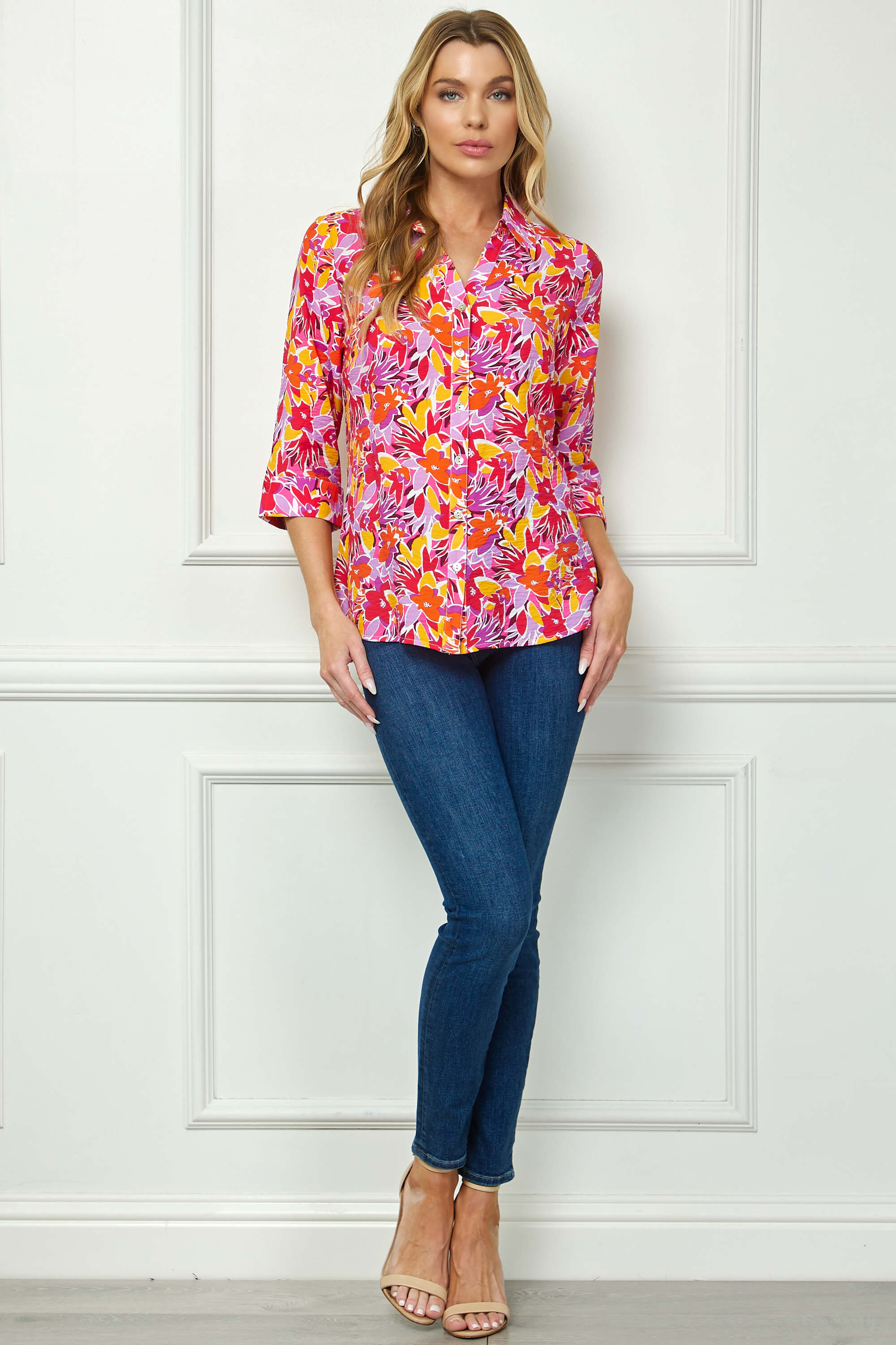 3/4 Sleeve Johnny Collar Button Front Top in Pink