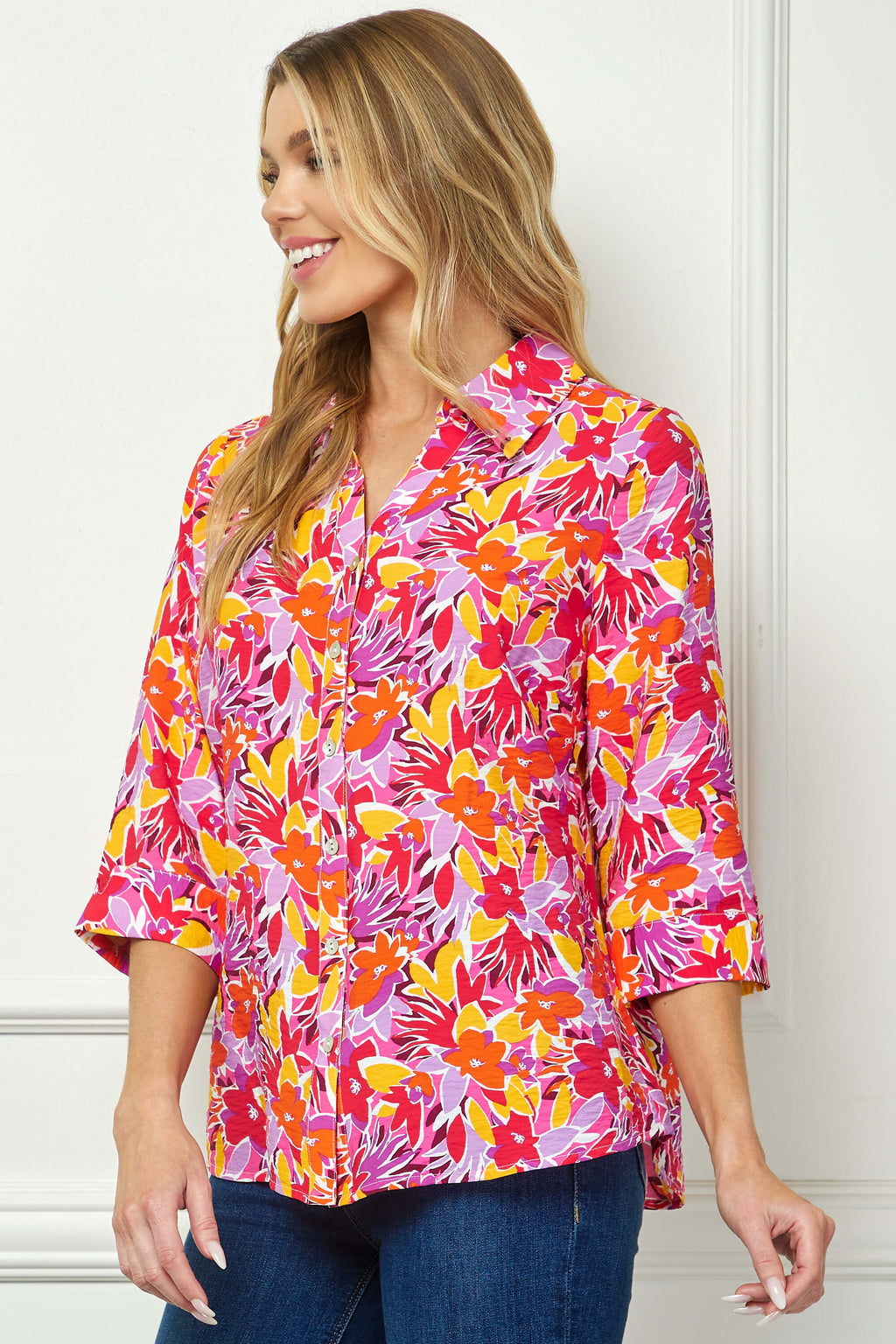 3/4 Sleeve Johnny Collar Button Front Top in Pink