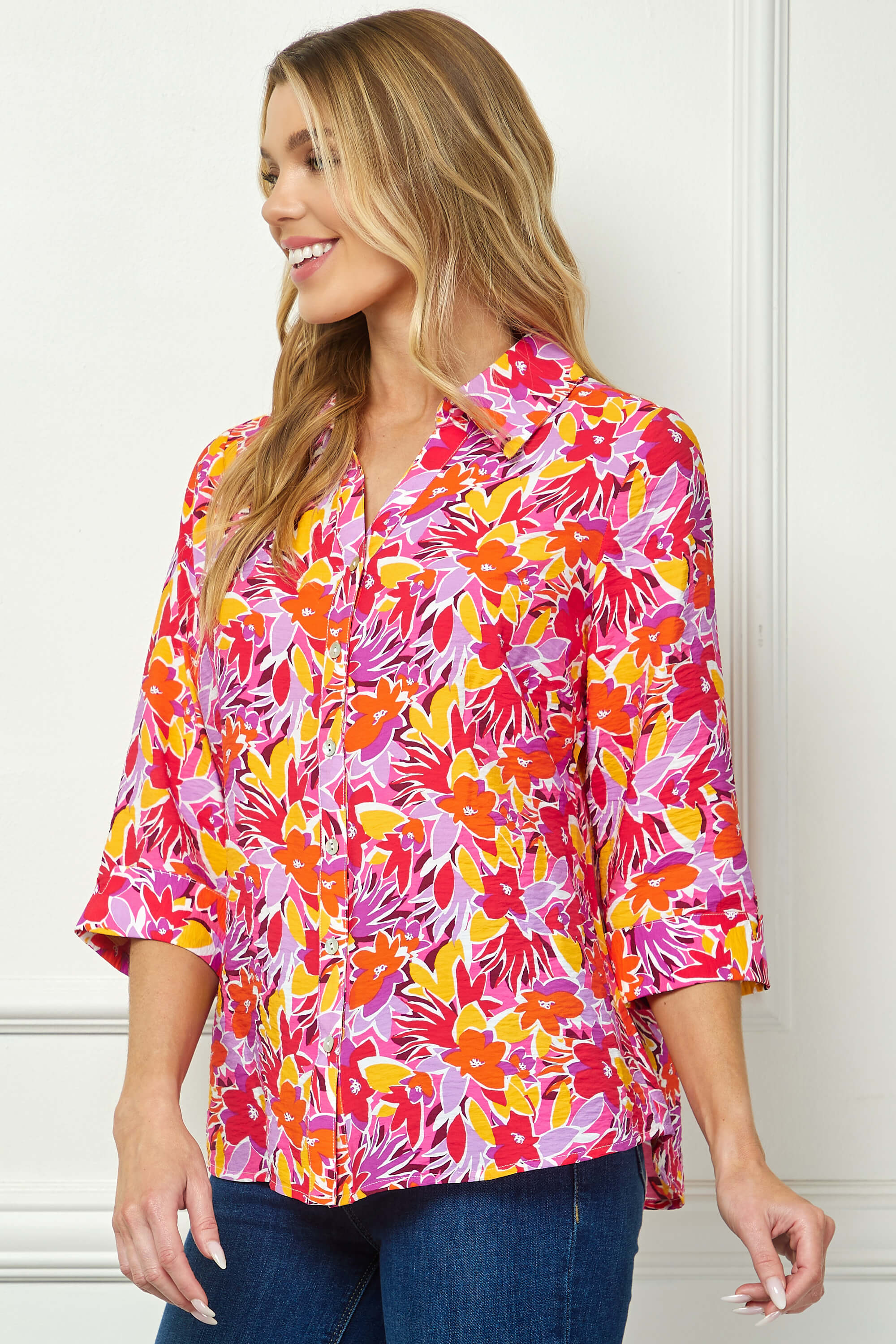 3/4 Sleeve Johnny Collar Button Front Top in Pink