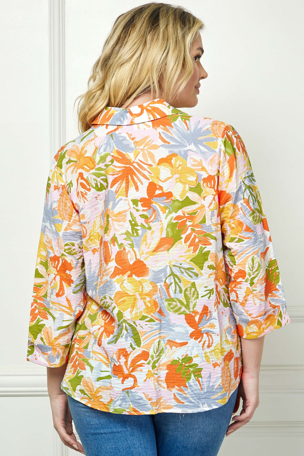 3/4 Notch Cuff Sleeve Johnny Collar Shirt in Orange - Plus