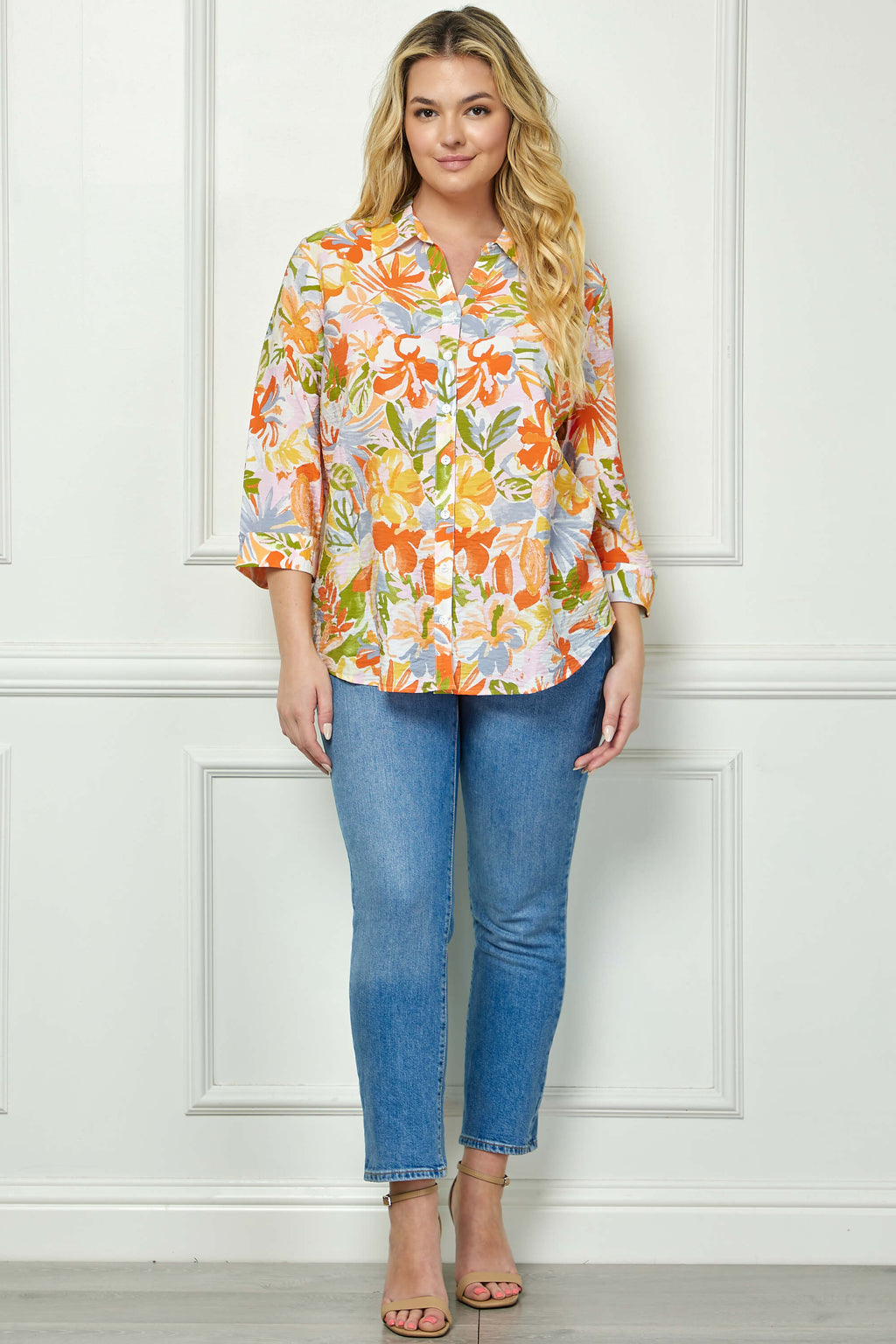 3/4 Notch Cuff Sleeve Johnny Collar Shirt in Orange - Plus