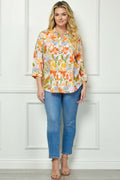 3/4 Notch Cuff Sleeve Johnny Collar Shirt in Orange - Plus