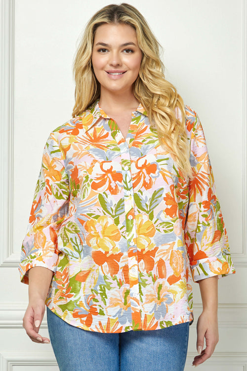 3/4 Notch Cuff Sleeve Johnny Collar Shirt in Orange - Plus