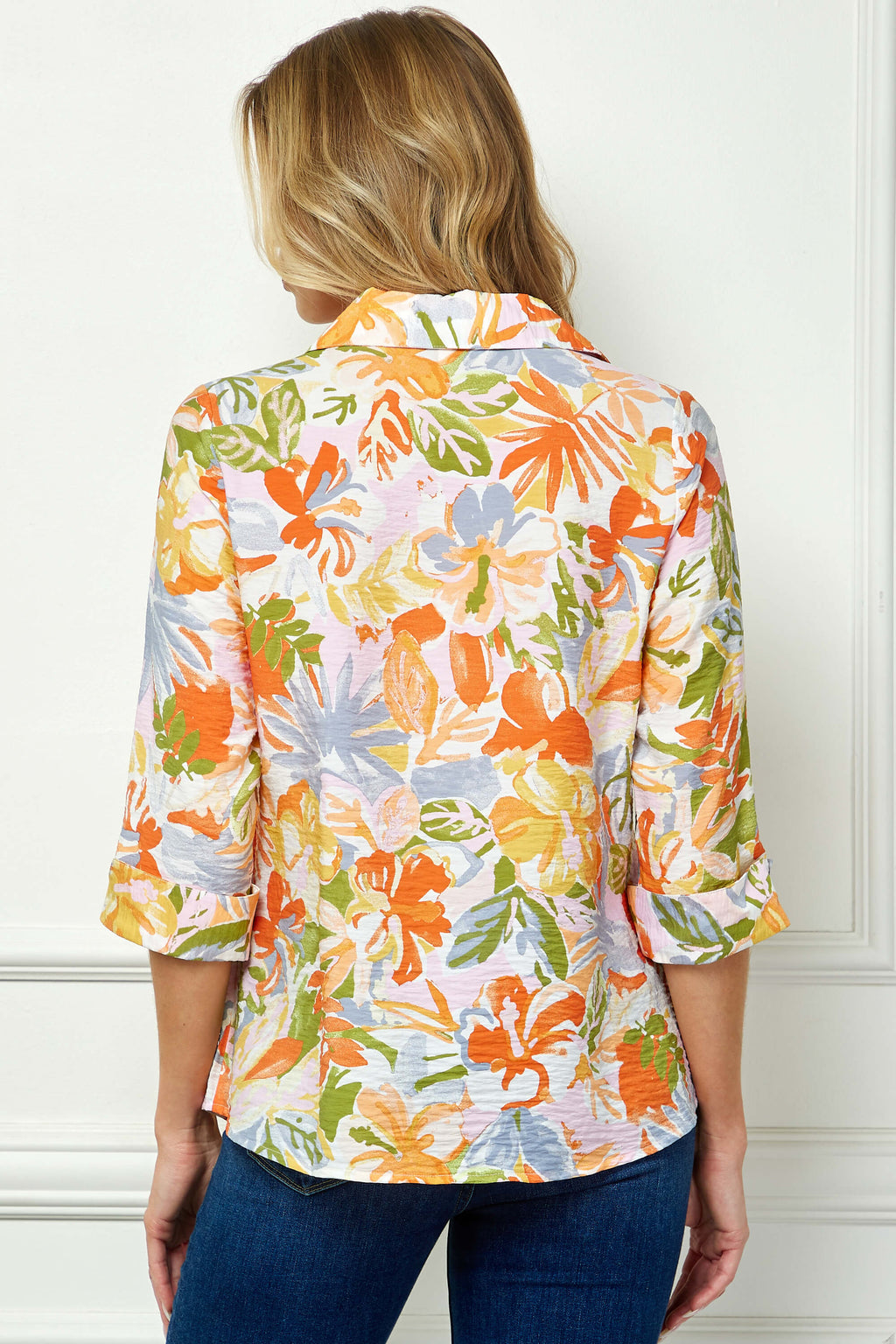 3/4 Notch Cuff Sleeve Johnny Collar Shirt in Orange