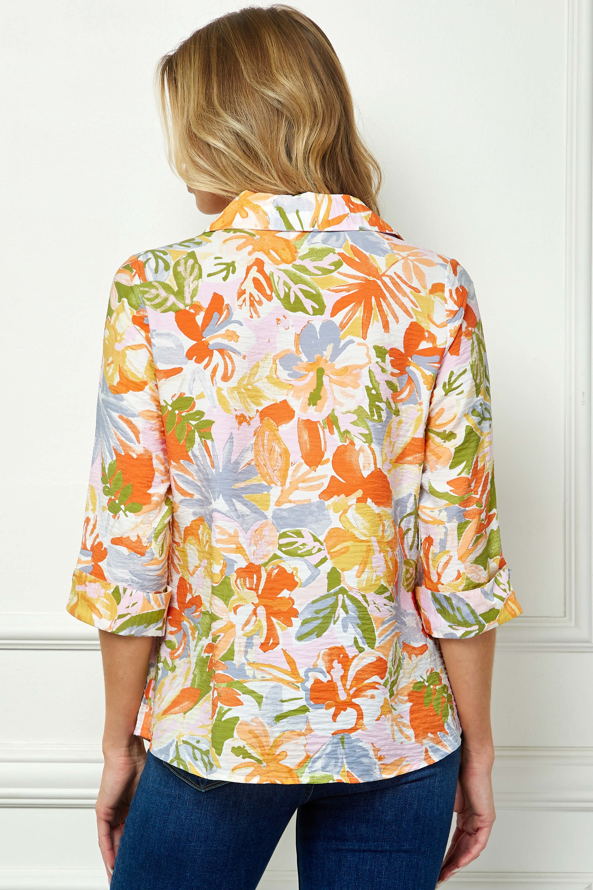 3/4 Notch Cuff Sleeve Johnny Collar Shirt in Orange