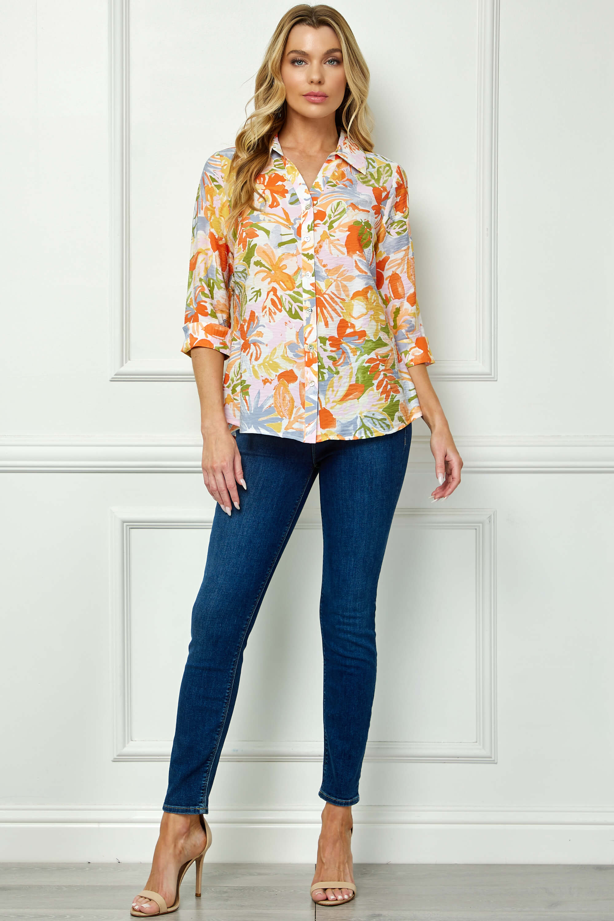 3/4 Notch Cuff Sleeve Johnny Collar Shirt in Orange