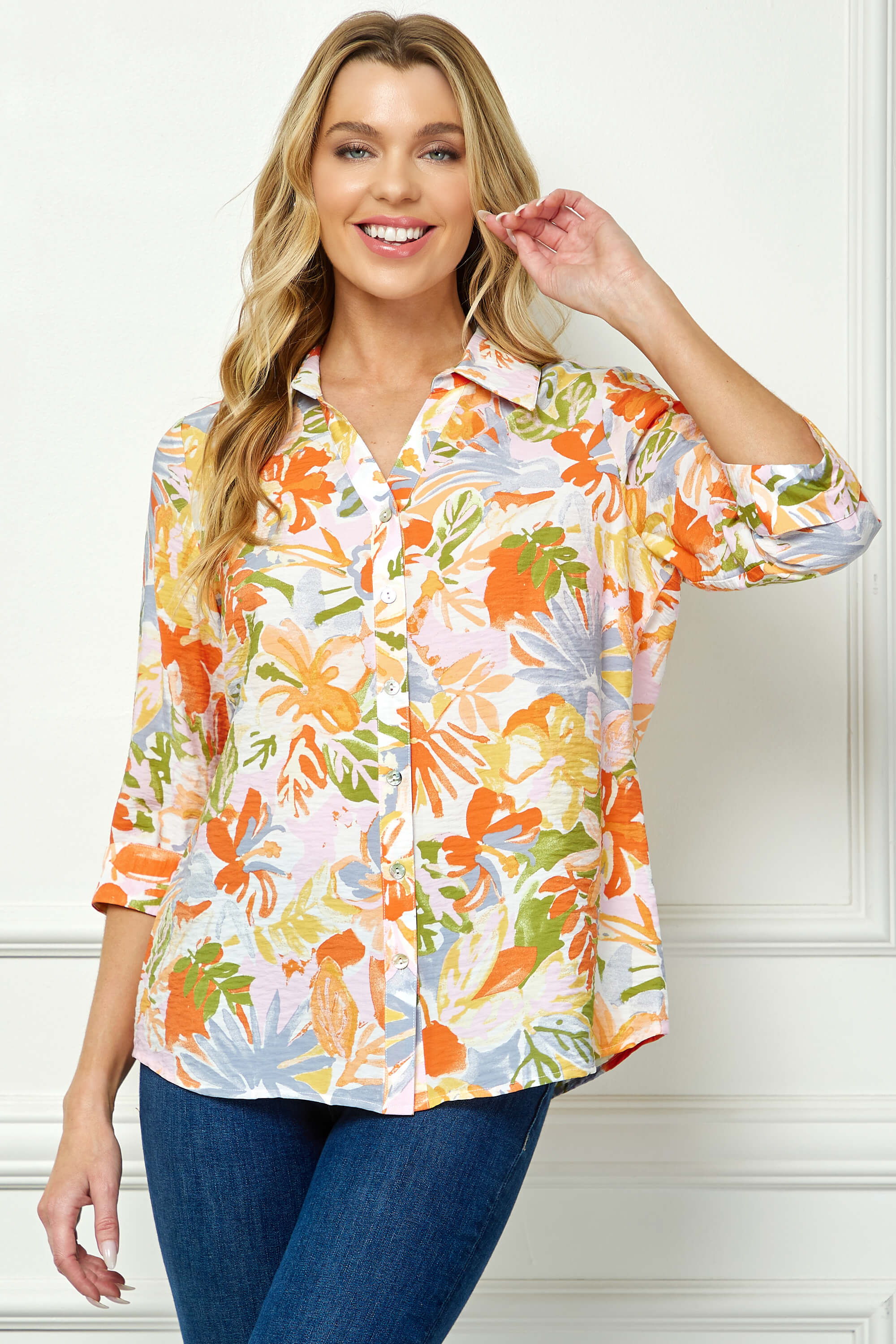 3/4 Notch Cuff Sleeve Johnny Collar Shirt in Orange