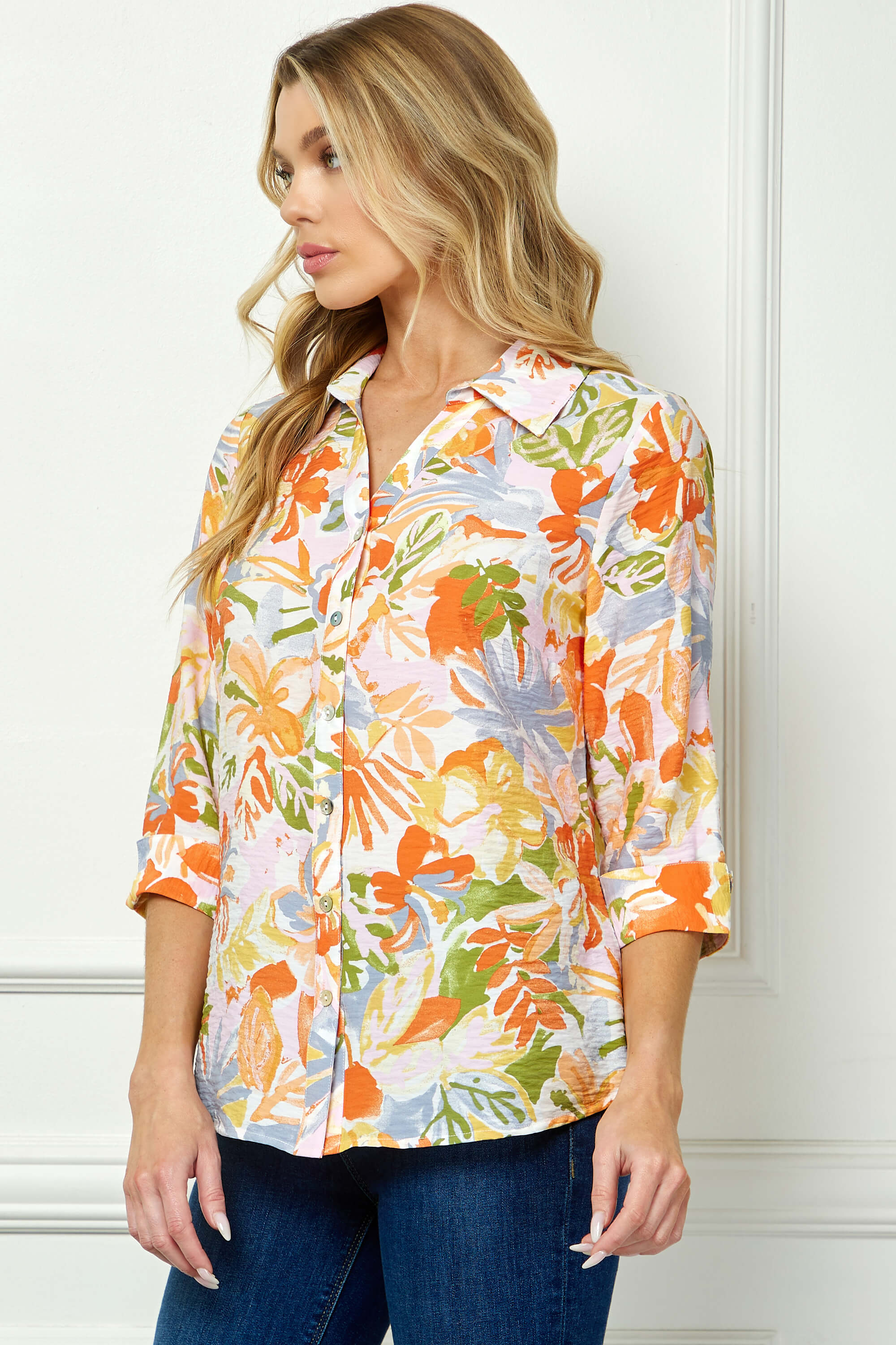 3/4 Notch Cuff Sleeve Johnny Collar Shirt in Orange