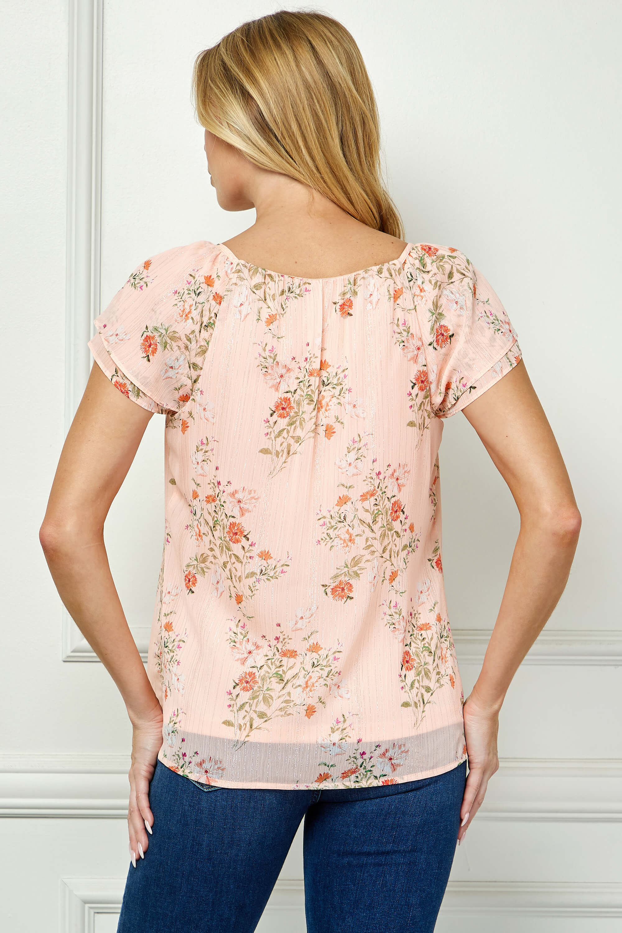 Double Flutter Sleeve Beaded Tie Neck Blouse in Peach