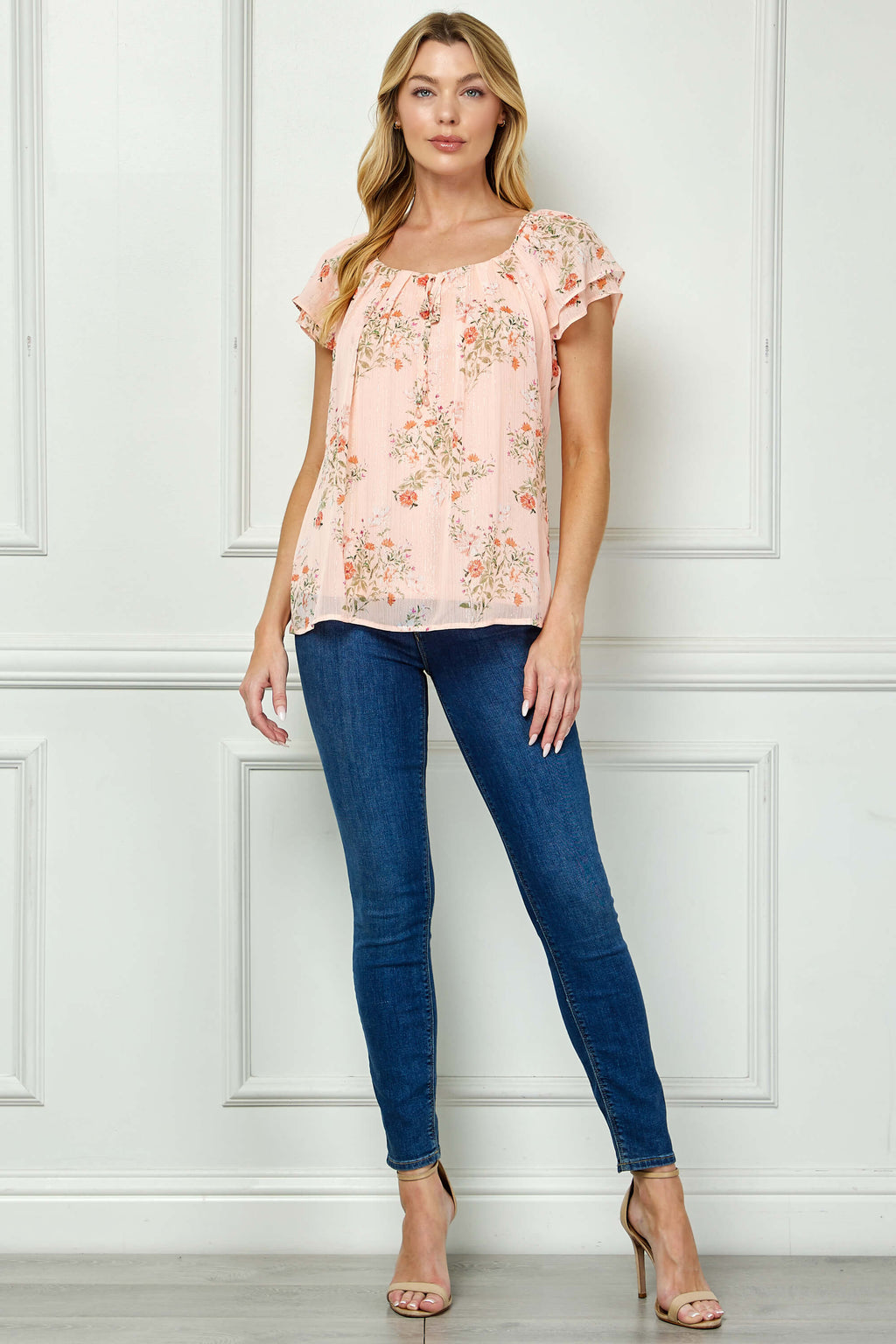 Double Flutter Sleeve Beaded Tie Neck Blouse in Peach