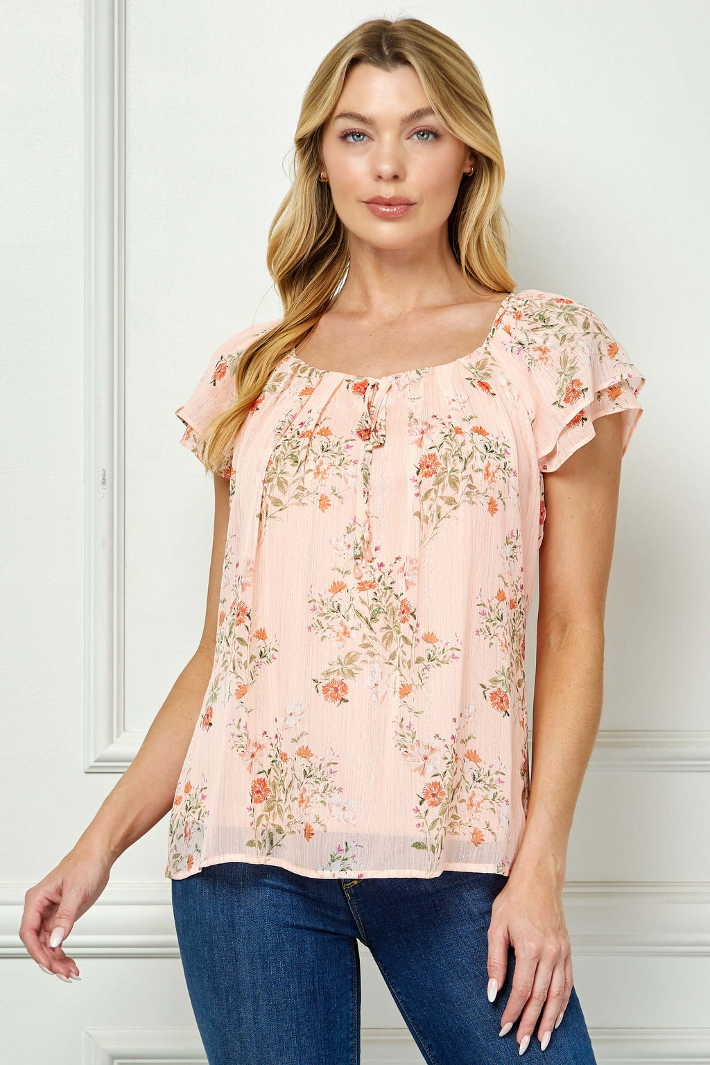 Double Flutter Sleeve Beaded Tie Neck Blouse in Peach