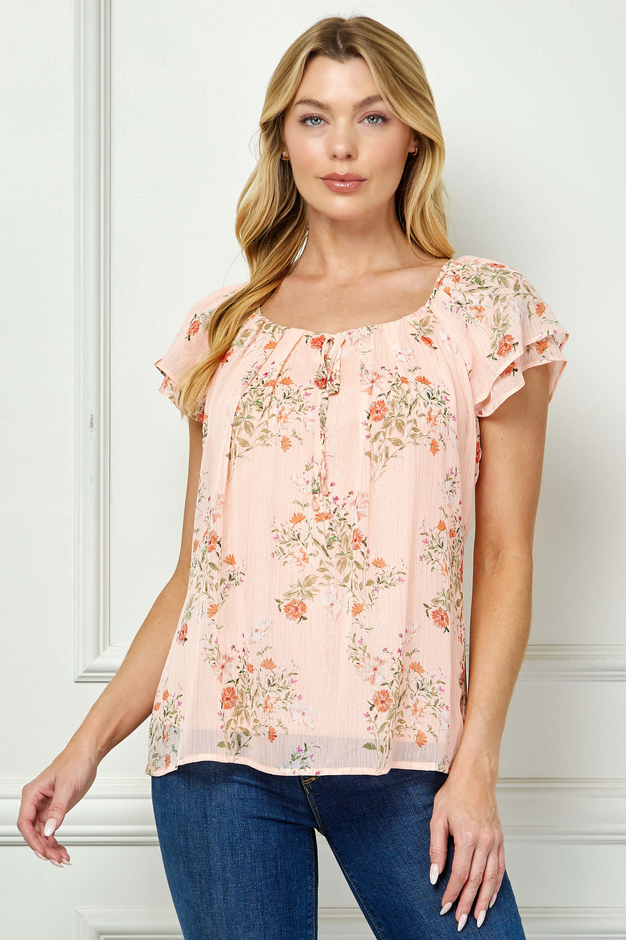 Double Flutter Sleeve Beaded Tie Neck Blouse in Peach
