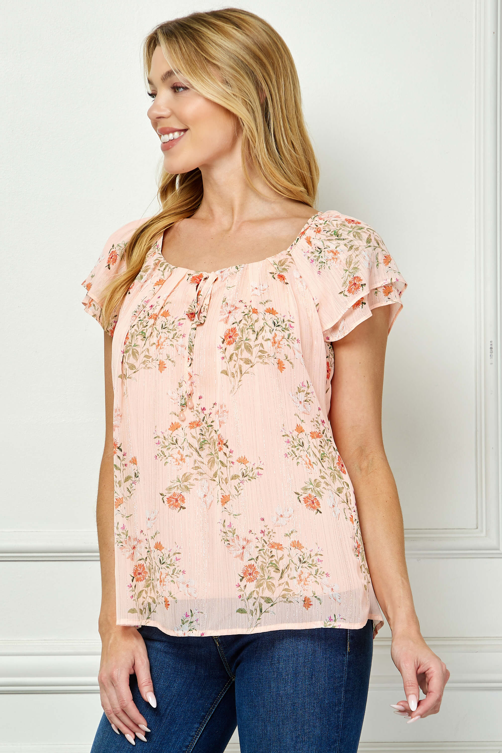 Double Flutter Sleeve Beaded Tie Neck Blouse in Peach