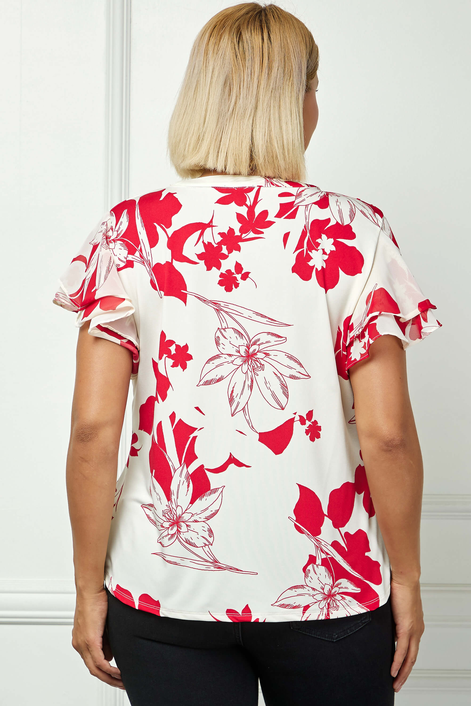 Double Flutter Sleeve Mandarin Collar V-Neck Blouse in Red/Cream - Plus