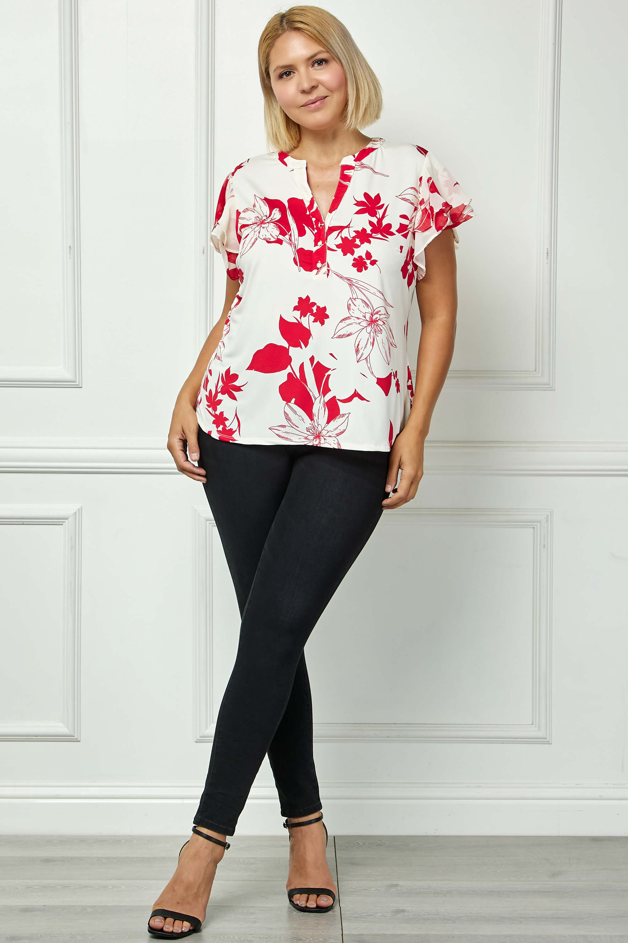 Double Flutter Sleeve Mandarin Collar V-Neck Blouse in Red/Cream - Plus