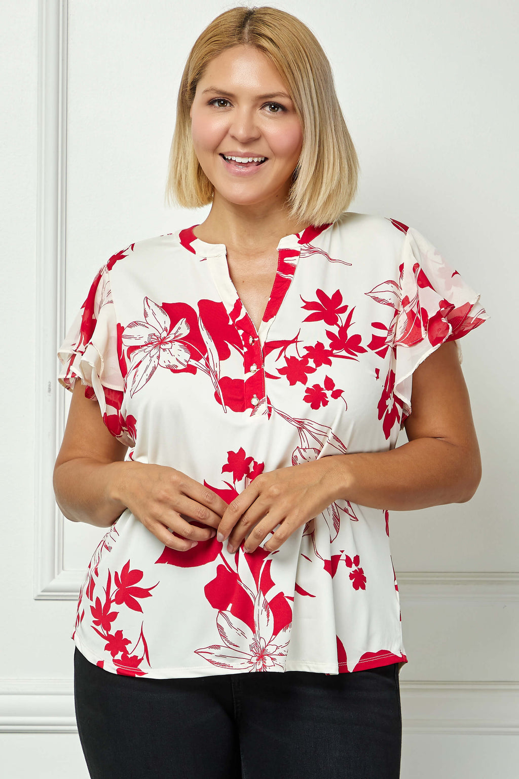 Double Flutter Sleeve Mandarin Collar V-Neck Blouse in Red/Cream - Plus