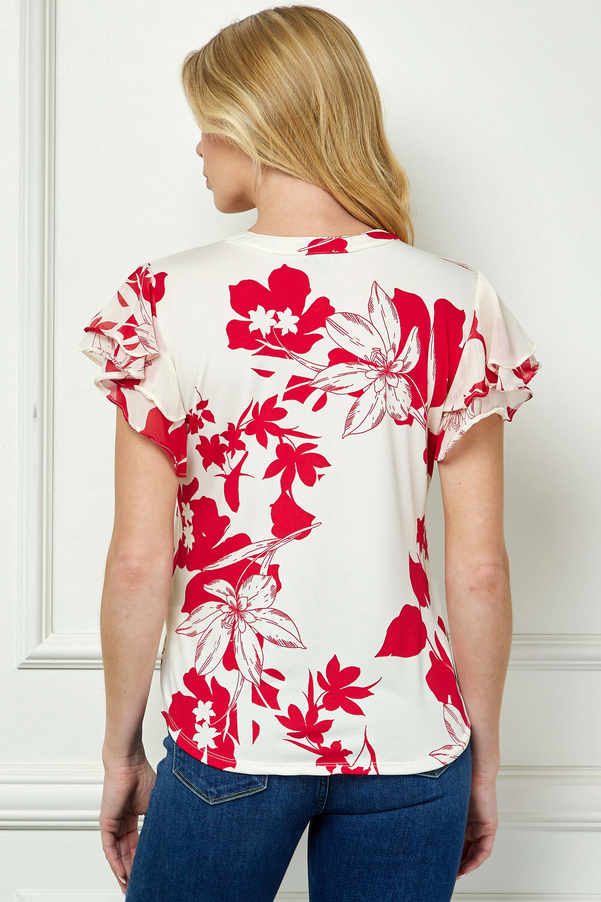 Double Flutter Sleeve Mandarin Collar V-Neck Blouse in Red/Cream