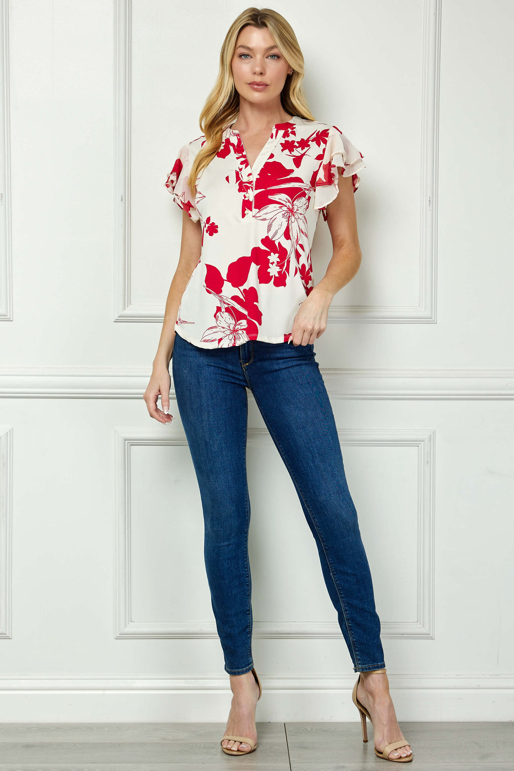 Double Flutter Sleeve Mandarin Collar V-Neck Blouse in Red/Cream