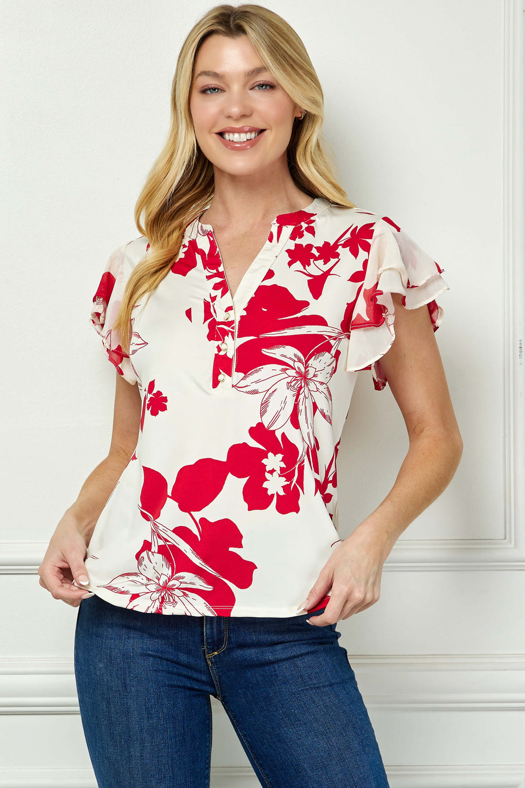 Double Flutter Sleeve Mandarin Collar V-Neck Blouse in Red/Cream