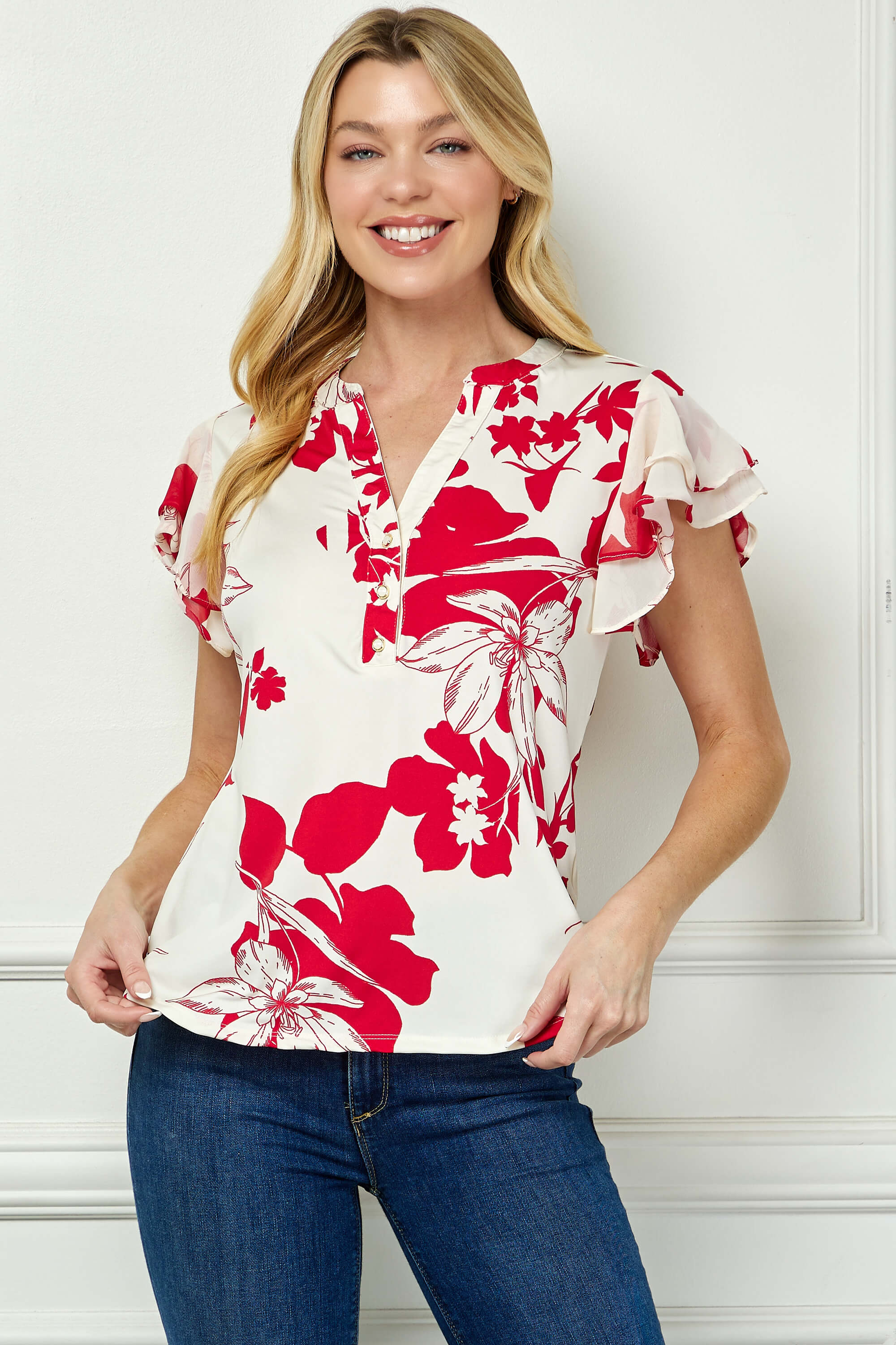 Double Flutter Sleeve Mandarin Collar V-Neck Blouse in Red/Cream