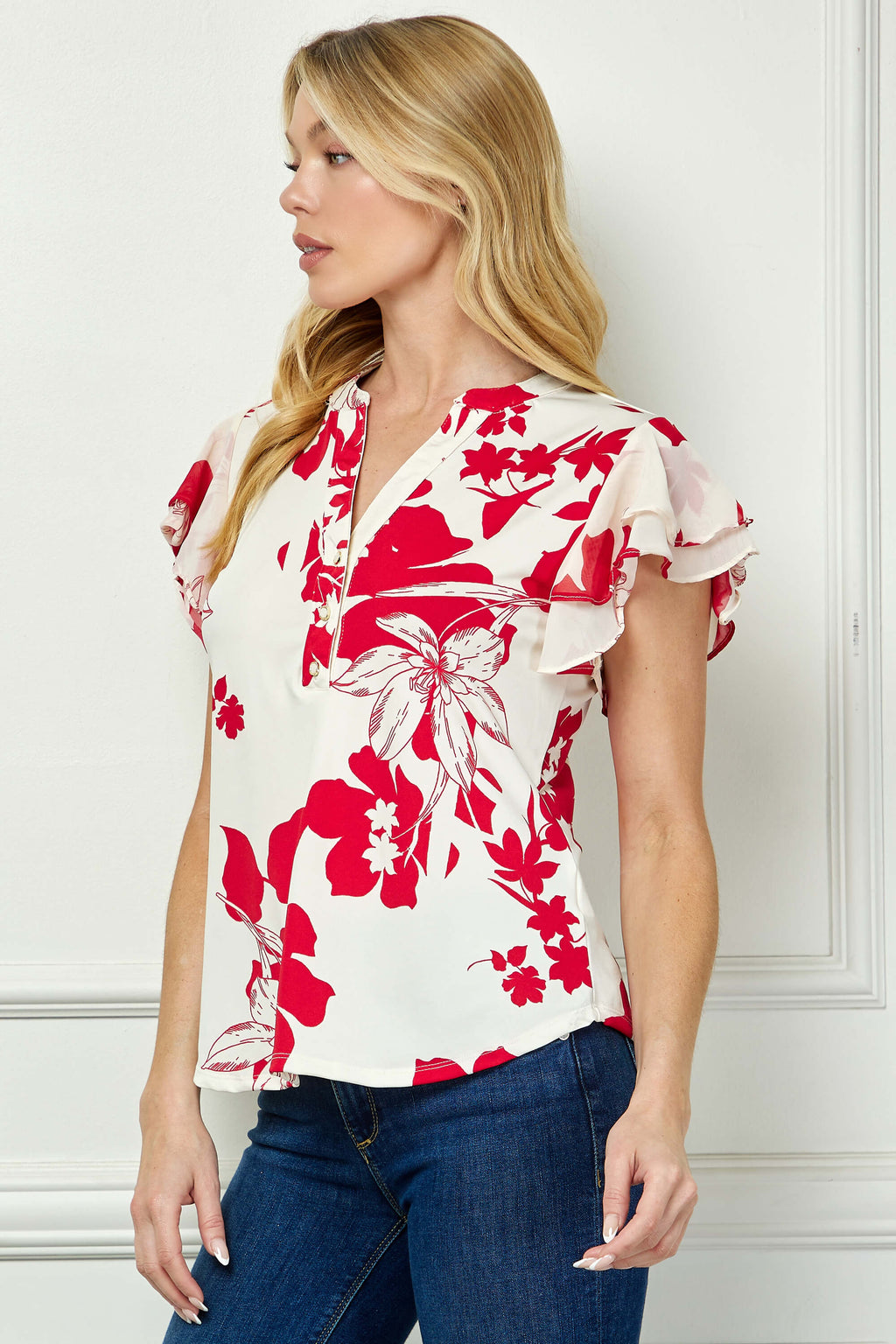 Double Flutter Sleeve Mandarin Collar V-Neck Blouse in Red/Cream