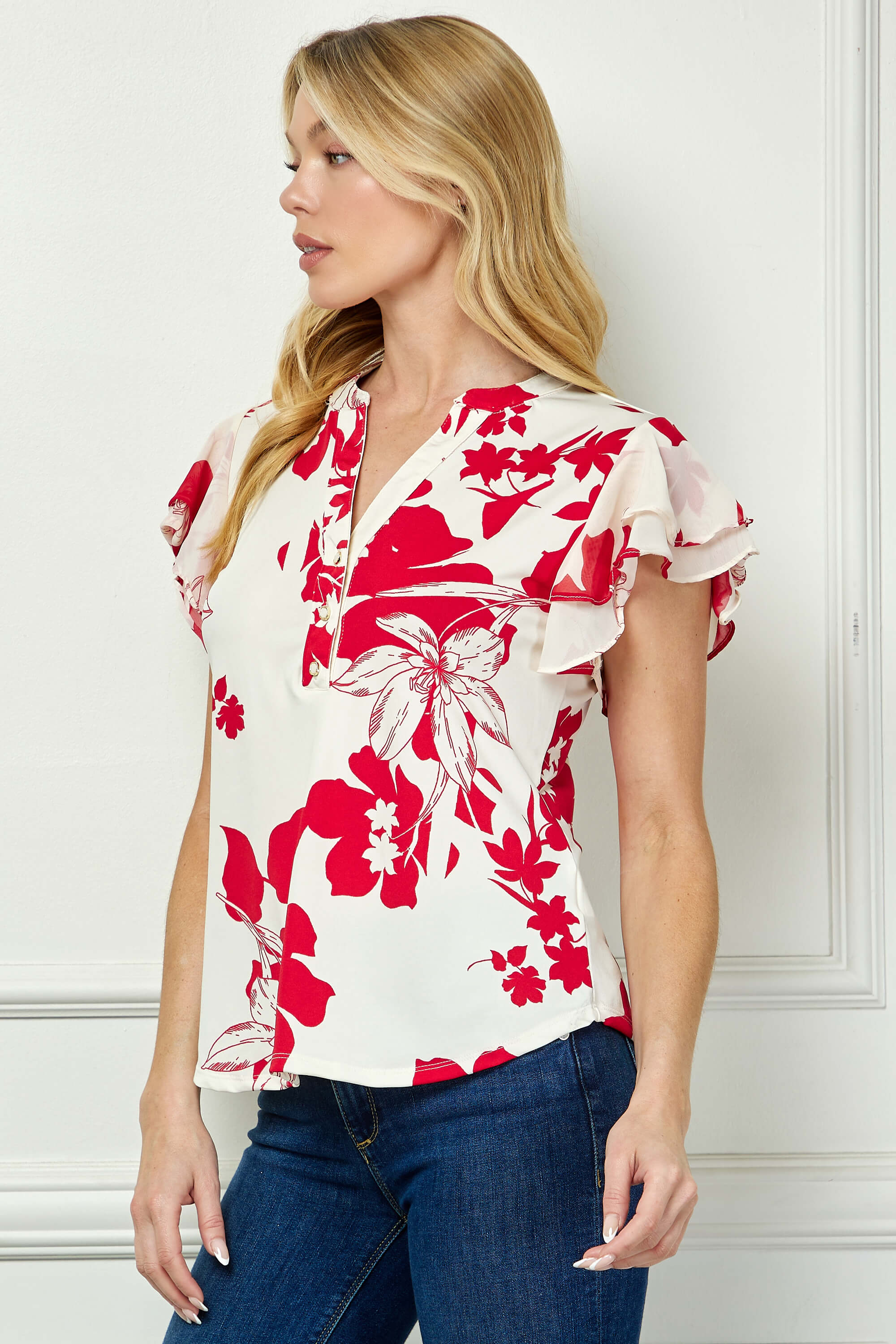 Double Flutter Sleeve Mandarin Collar V-Neck Blouse in Red/Cream