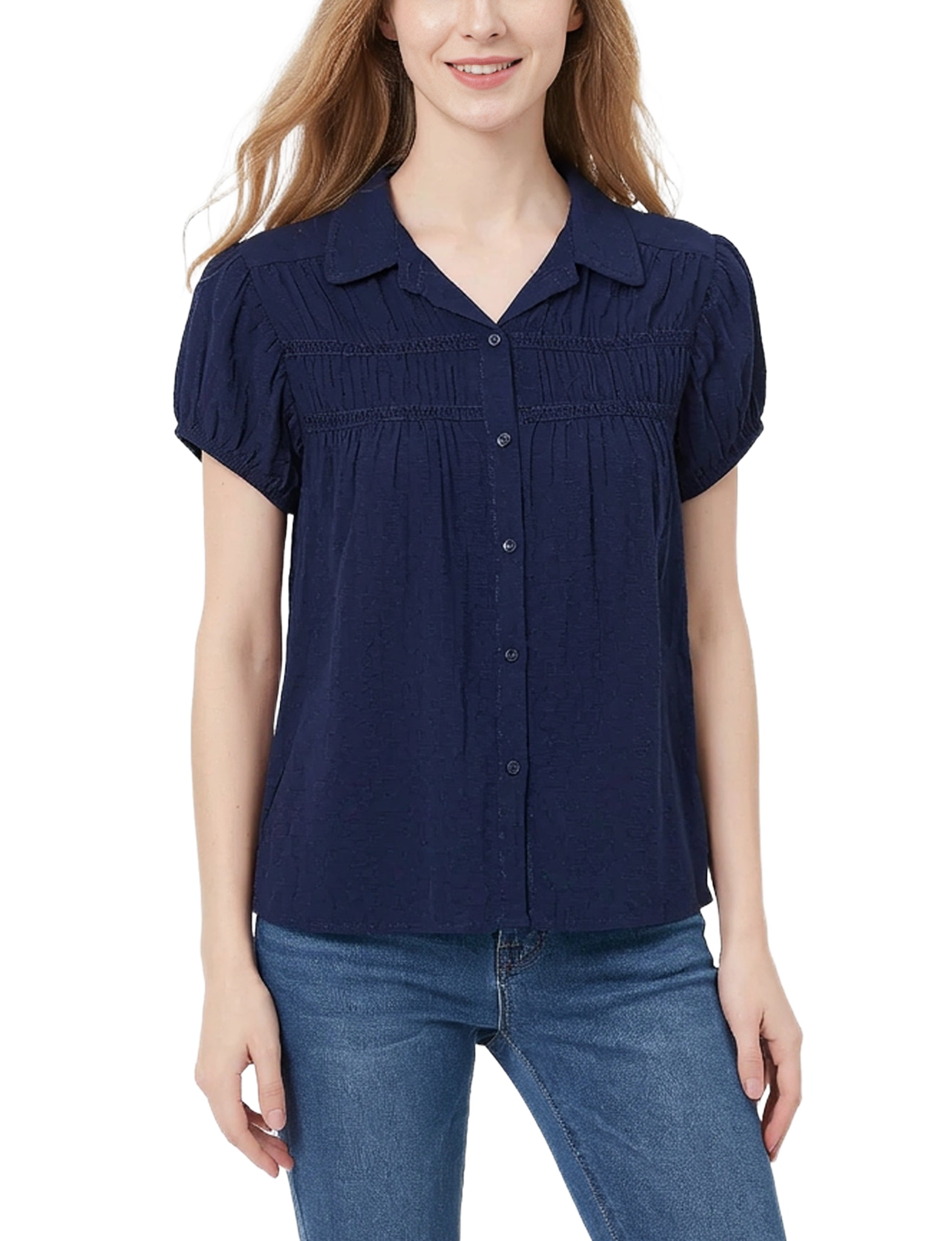 Cap Sleeve Ruched Yoke Blouse