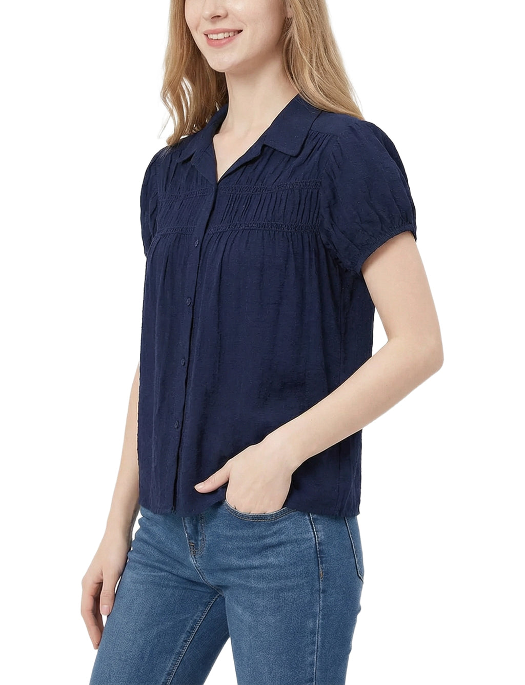 Cap Sleeve Ruched Yoke Blouse