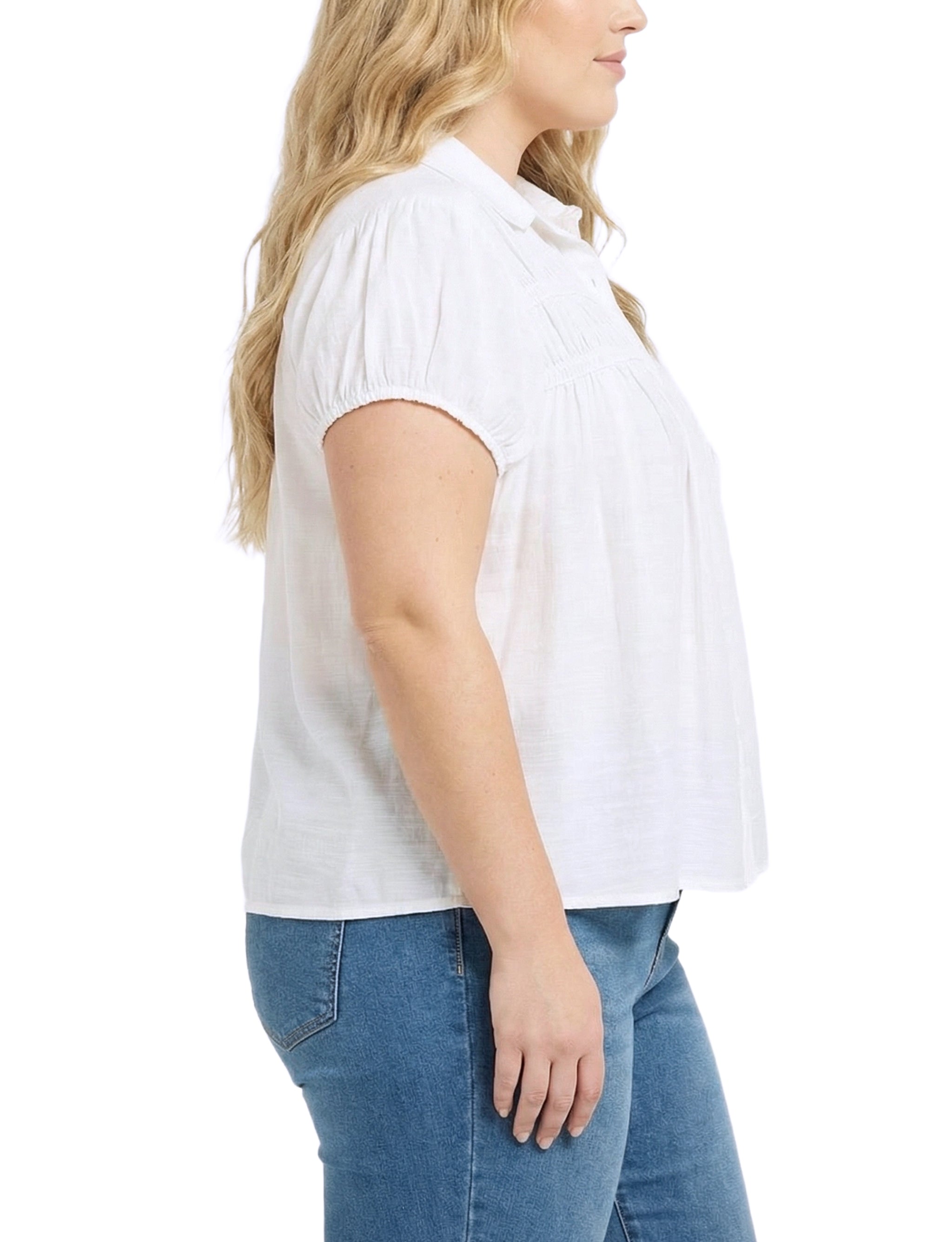 NY Collection Plus Size Cap Slv Rouched Yoke Blouse