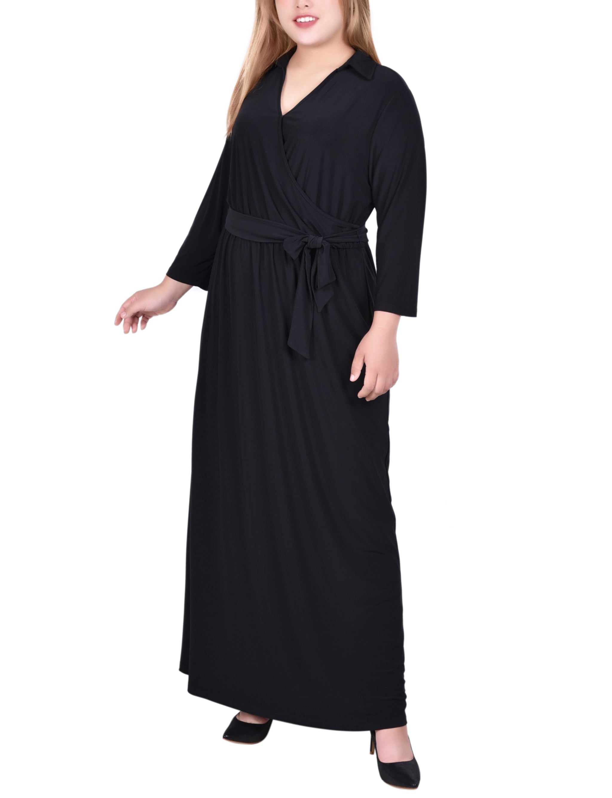 NY Collection Plus Size 3/4 Sleeve Belted Maxi Dress