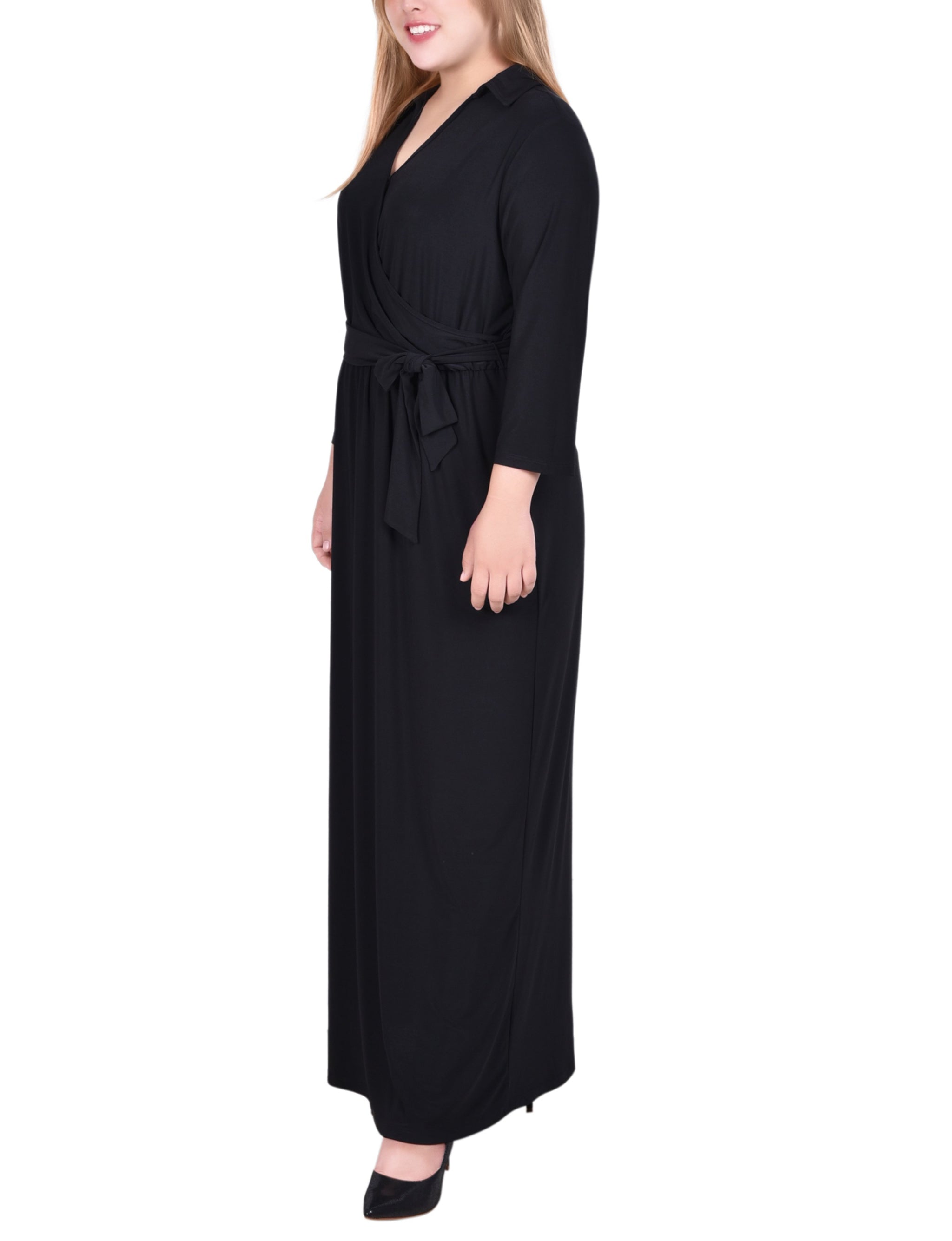 NY Collection Plus Size 3/4 Sleeve Belted Maxi Dress